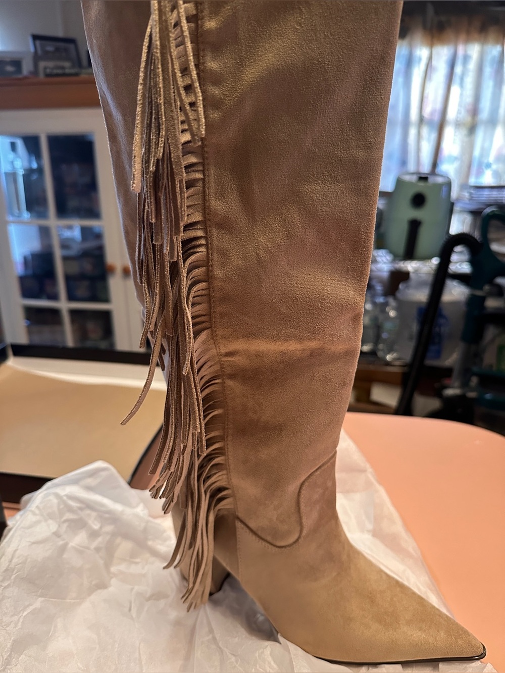 NWT Madden Girl Beige Shakke Fringe Knee-High Block Heel Boots - Picture 2 of 13